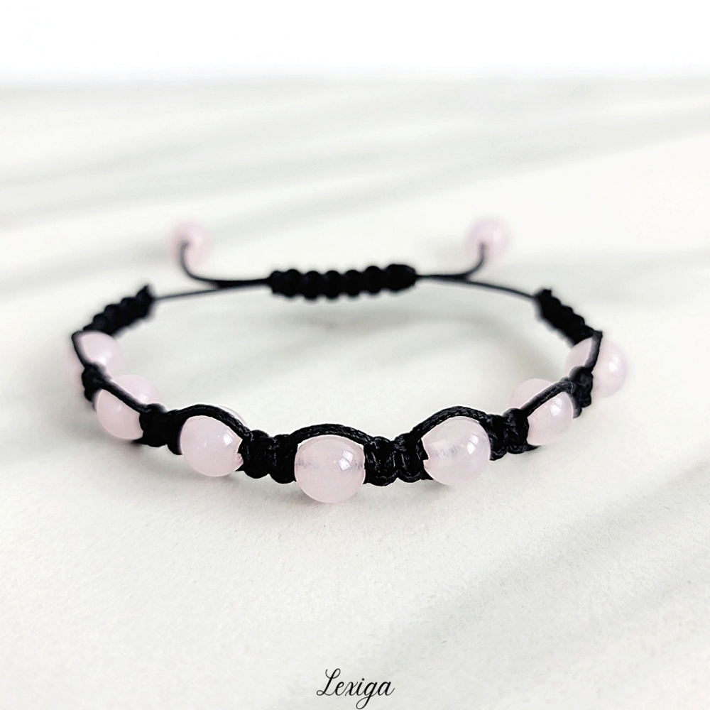 Rose Quartz Pink Black Macrame Stone Beacelet Jewelry Gift Handmade Spiritual